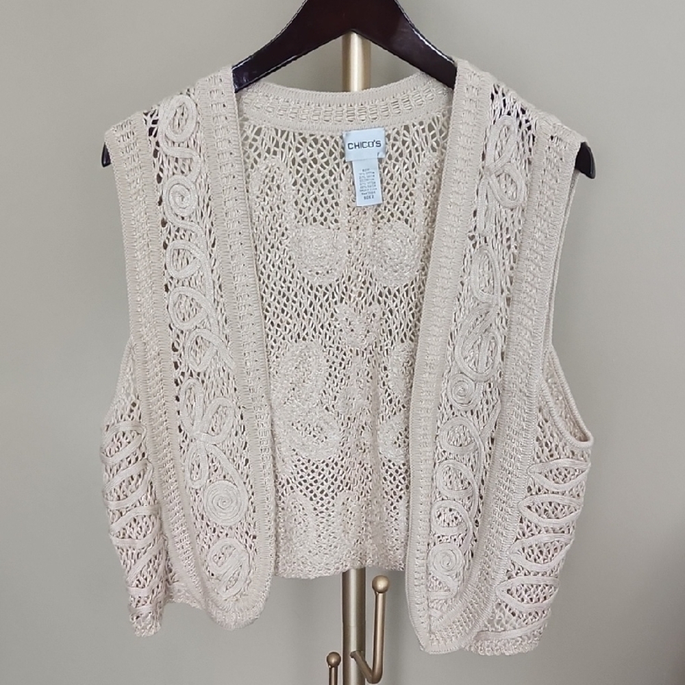 Chico's Beige Open-Knit Cardigan Vest